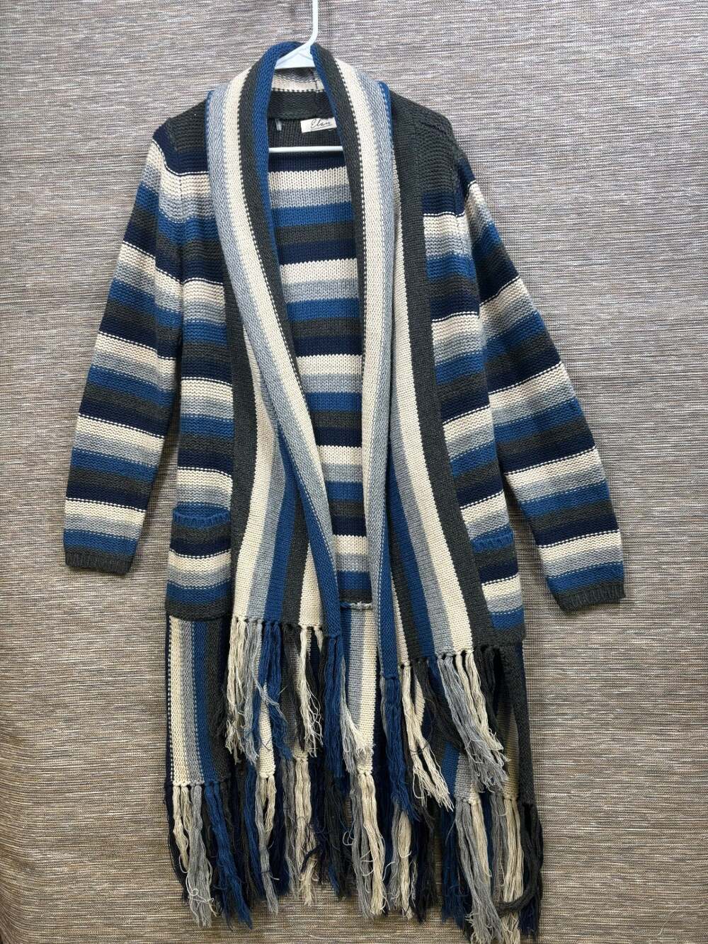 Elan Stripe Knit Sweater Frayed Cardigan Womens Size L Blue and Gray Beige